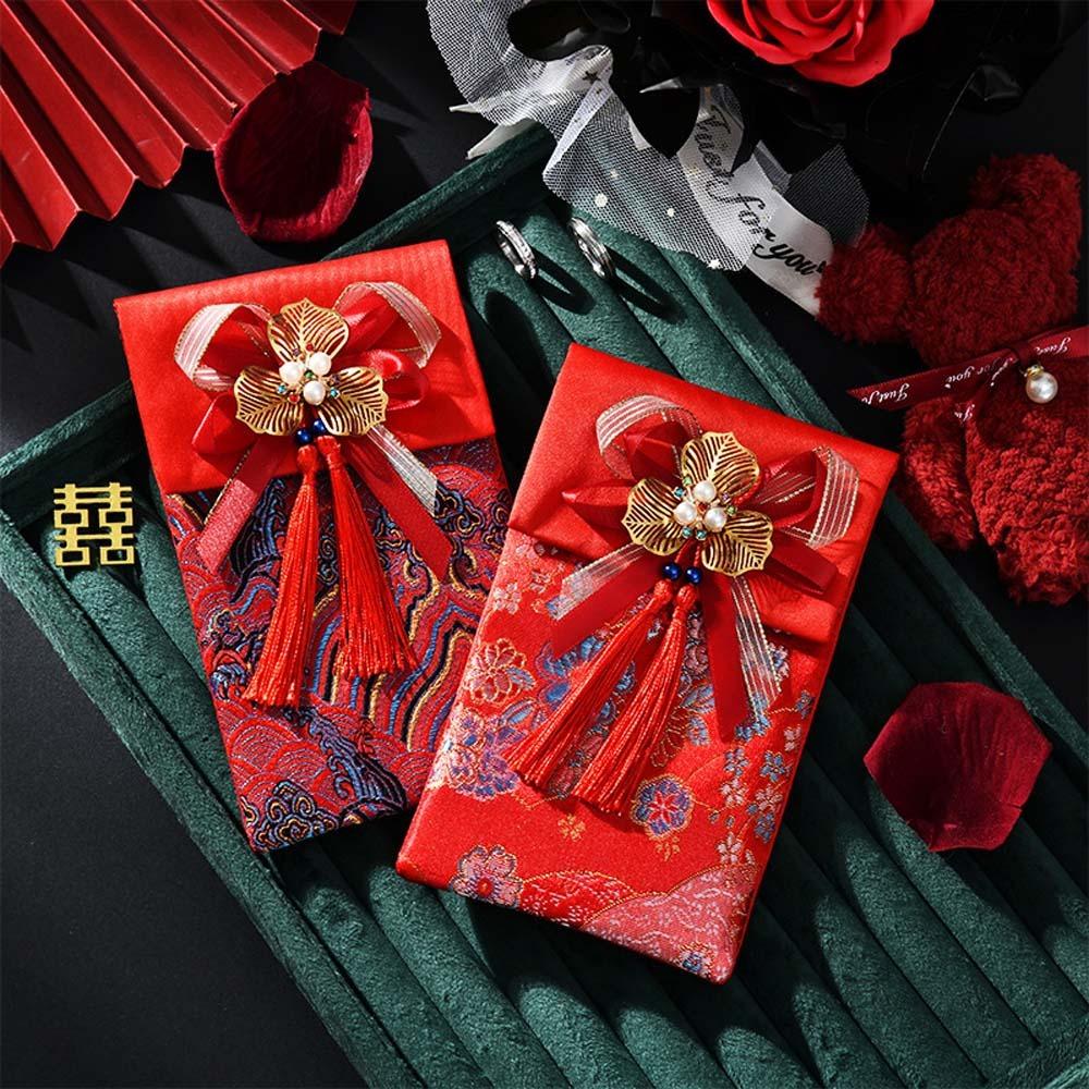 New Year Blessing Words 2025 Money Pocket Brocade Cloth Tassel New Year Money Bag Chinese Wedding
