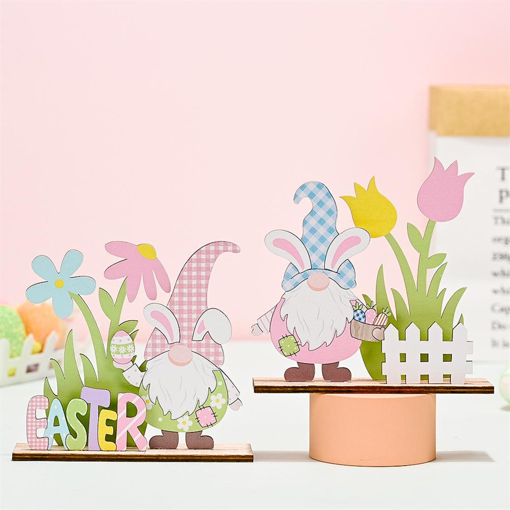 Colorful Wooden Easter Ornament Dwarf Rabbit Flower Element Portable Beautiful Eye-catching Table Decoration for Easter Party