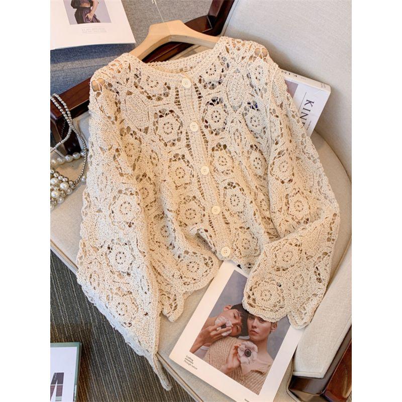 Autumn New European Plus Size Women Clothing Round Neck Single-Breasted Crochet Embroidered Hollow Long Sleeve Cover Up Vacation Sun Protection Shirt