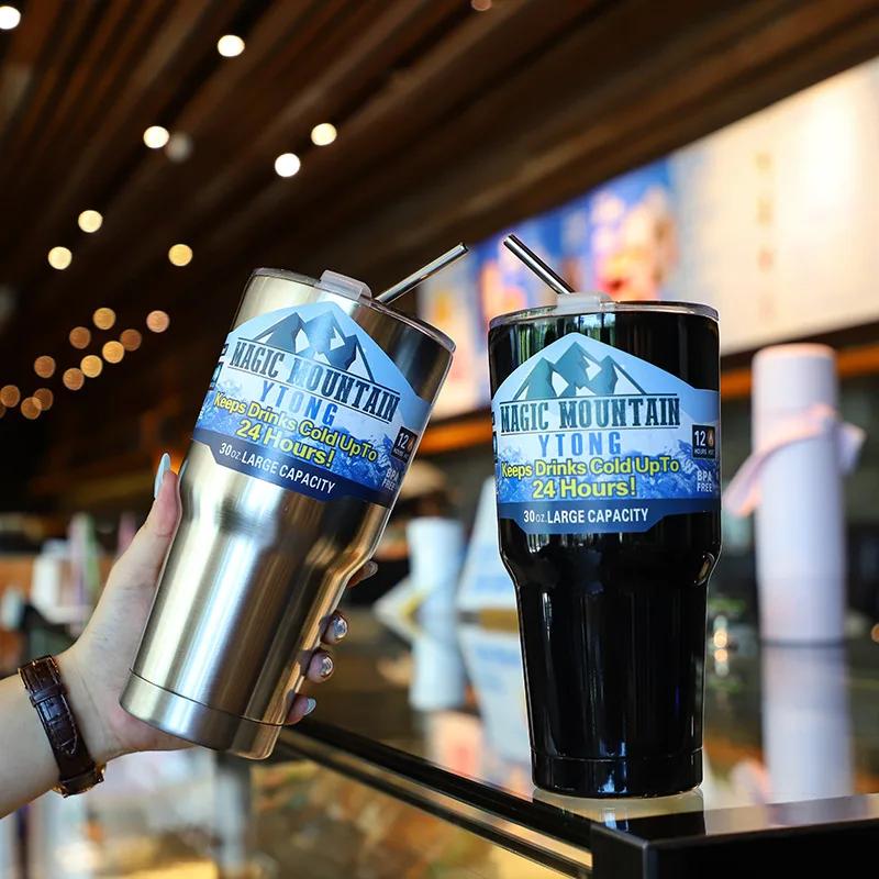 Magic Stainless Steel Freeze Thermos Cup with Straw Ice Coffee Drink Vacuum Insulated Bottle Car Travel Outdoor Mountain Cup