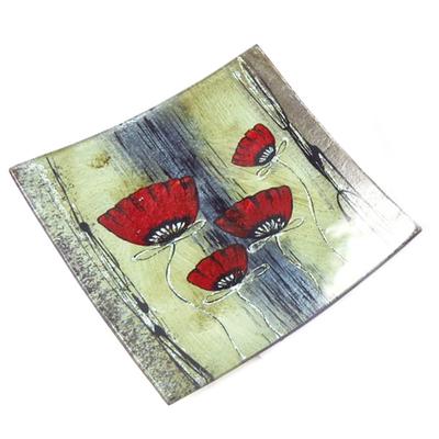 [K1264] - Üveg tálca 'Pipacsok' piros szürke - 19 cm (kézzel festett)