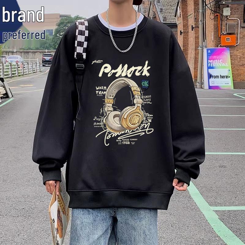 Men's American Trendy Crewneck Pullover Hoodie - Autumn High Street Print, Loose Fit, Lazy Style Long Sleeve Top
