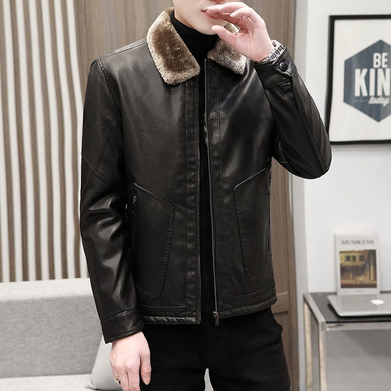 Men's Plush Leather Jacket Autumn and Winter New Korean Version Handsome Fur Collar Leather Jacket Warm and Trendy Clothes On The Brand