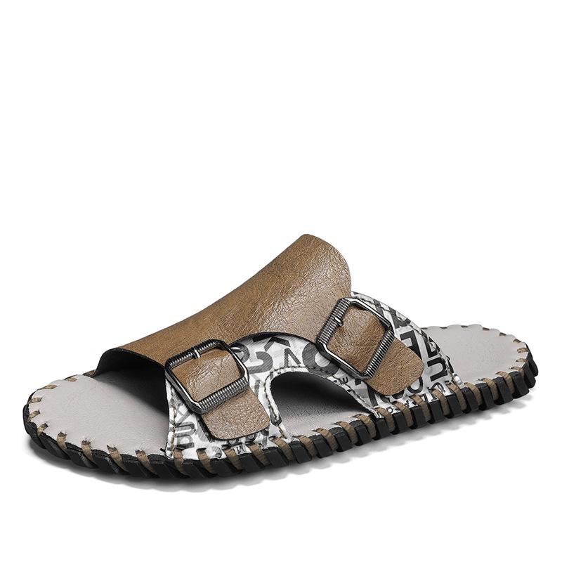 

Slippers men s summer outer wear beach shoes outdoor breathable fashion one-word drag hand-sewn bottom leather slippers men 48