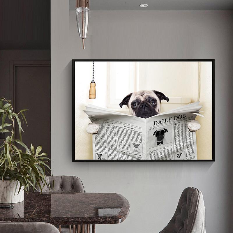 Dog Reading Newspaper Toilet Wall Art Canvas Prints Funny Dog Painting Wall Picture Home Bathroom Decor Dogs Lover Gift