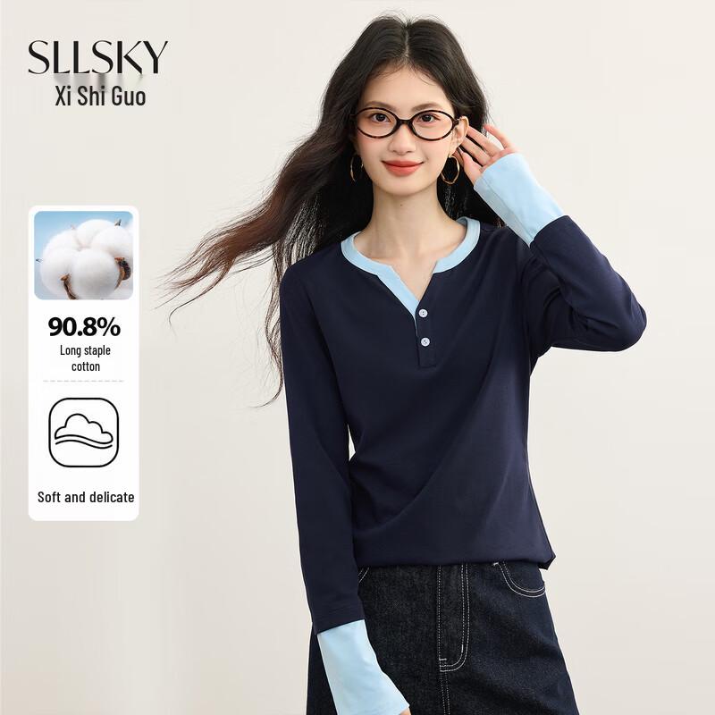 sllsky Women's Long-Staple Cotton Contrast Long-Sleeve T-Shirt