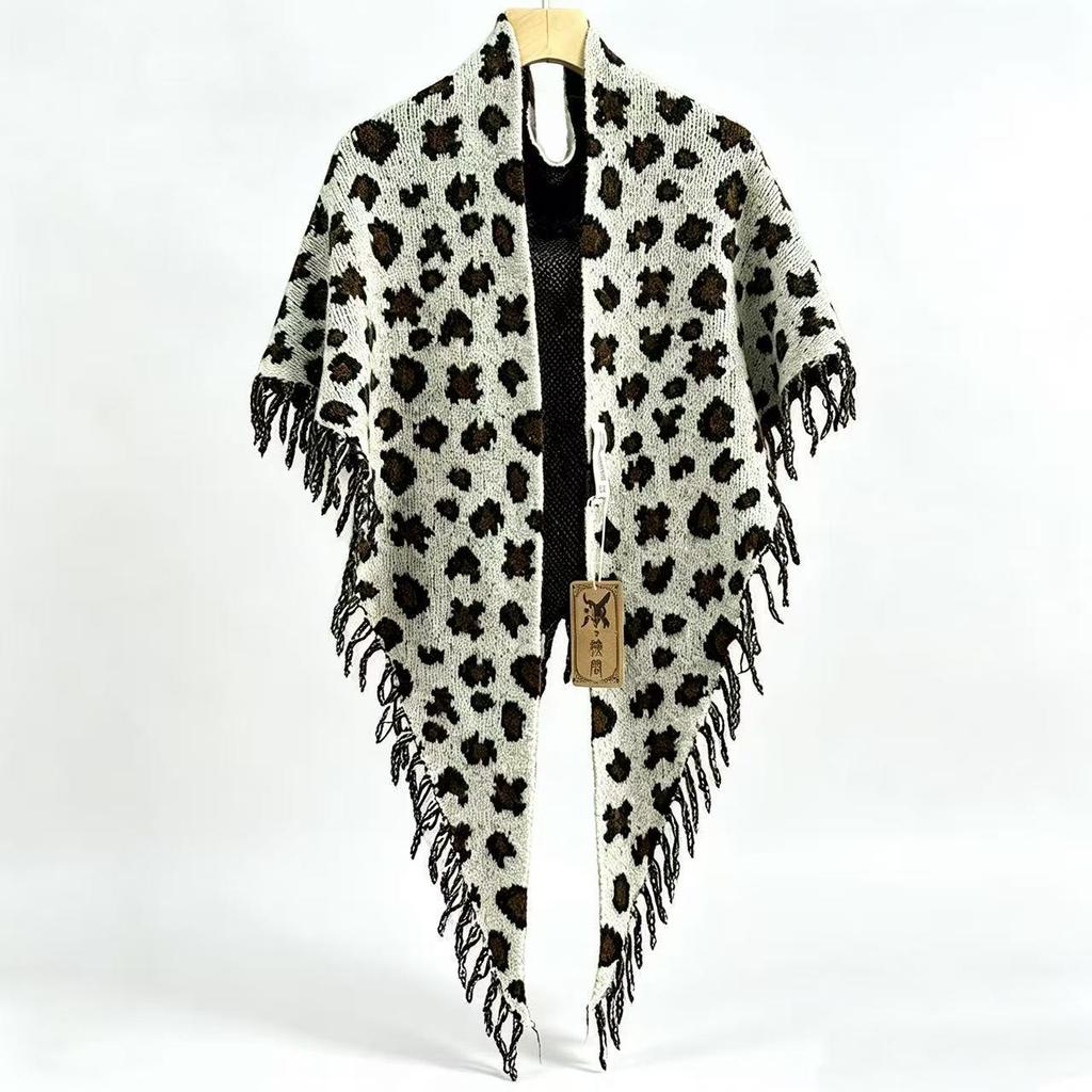 Leopard Print Tassel Shawl: Warm, Thick Triangle Cloak for Autumn & Winter