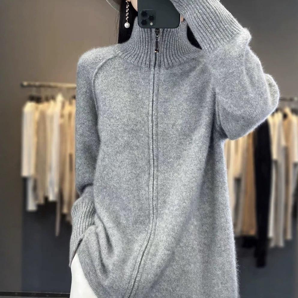 European and American Pure Color Half-High Collar Knit Zipper Sweater for Women - Autumn/Winter Loose Slimming Cardigan
