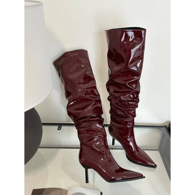

Ботильоны с острым носком из лакированной кожи черного цвета, женские высокие сапоги на высоком каблуке, сапоги-рыцари, красные сапоги на шпильке 39 бордовый