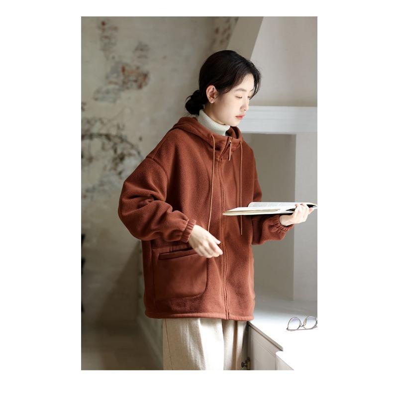 Damen Kapuzen-Fleecejacke Dünn gefüttert Locker geschnitten Einfarbig Lässig Koreanische Mode Frühling Herbst Sweatshirt