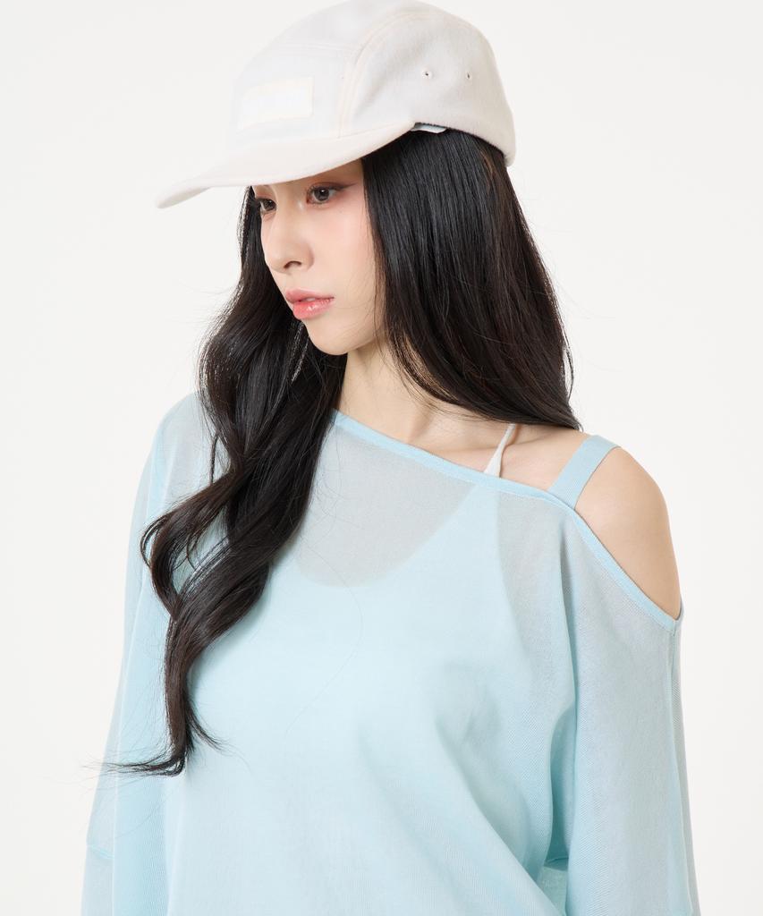 UNKNOWN PLANET Off-Shoulder Logo Long Sleeve Knit Light Blue