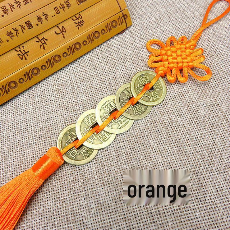 Five Emperors Alloy Copper Coins Car Pendant: Antique Chinese Knot Rearview Mirror Ornament