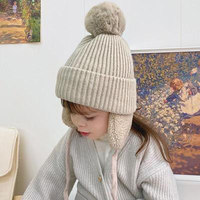 Cute Pompom Baby Winter Hat Thicken Plush Kids Knitted Ear Protection Cap Solid Color Boys Girls Earflap Beanie Bonnet