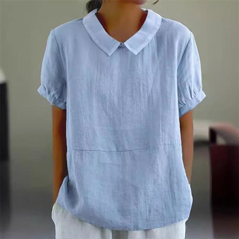 Women Summer Short Sleeve Blouse Solid Color Cotton Linen Lapel Pullover Shirt Female Comfortable Casual Simple Style Tops