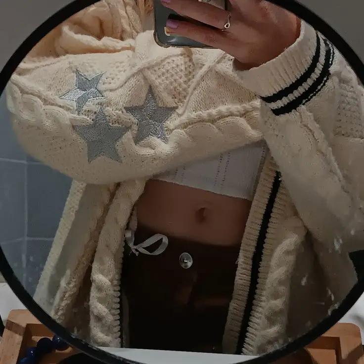 Podzimní a zimní svetr Hvězdná výšivka Pletený zapínání na knoflíky Oversized svetr jednořadý Dámský unisex svetr