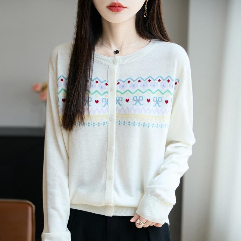 Spring and Autumn New Round-neck Knitted Cardigan Long-sleeved Women's Loose Top Coat with Bow Jacquard