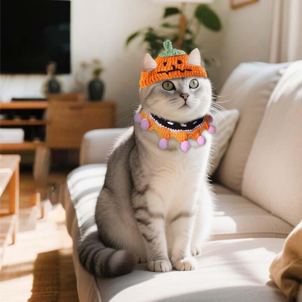 Kleidung Halloween Katze Kopfbedeckung Kürbis Katze Gewebter Hut Lätzchen Halloween Haustierkostüme Festival Party