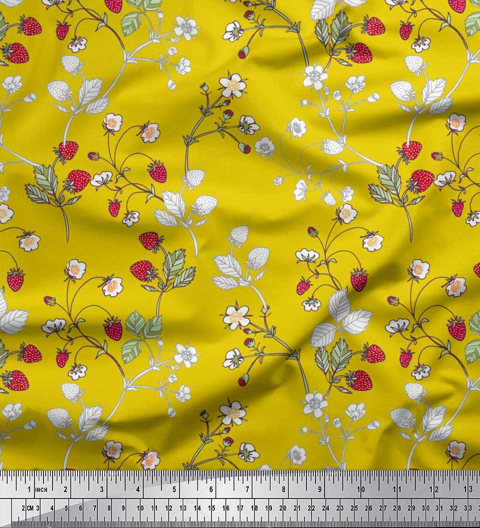 

Тканина Soimoi Japan Crepe Satin Leaves, Floral & Berries Fruits Print Тканина на метри 42 дюйма 42 Inch Wide - Poly Crepe жовтий