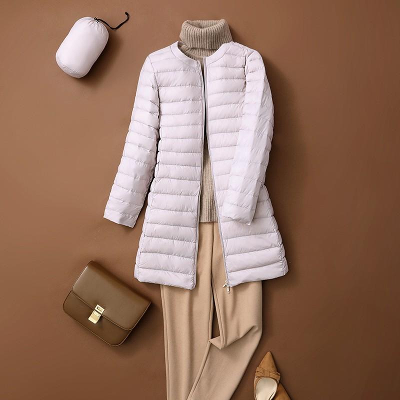 Womens Lightweight Down Coat Mid-Length Round Neck Solid Color Outerwear Winter