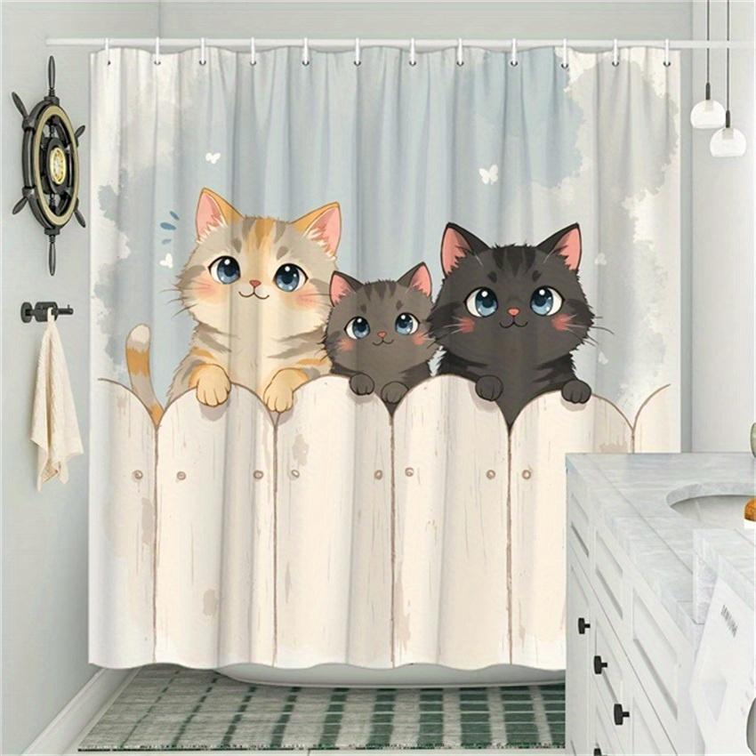 1pc Cute Cartoon Cat Shower Curtain - Playful Cats Behind Fence, Light Blue Polyester, 70.8x70.8In, 12 Hooks, Washable, Durable