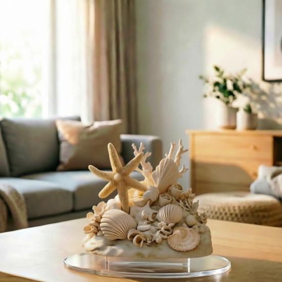 Yousheng Coastal Shell Coral Ornament, 2D Flat Acrylic Starfish Decoration with Base, Ocean Shells Table Centerpiece Ornament for Home Desk Shelf