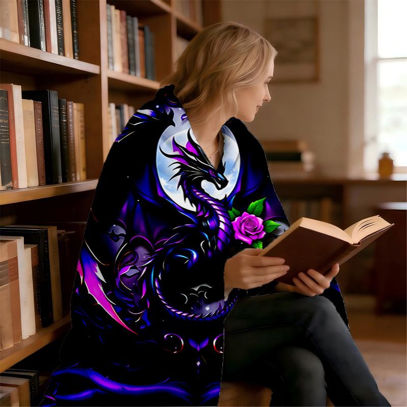 Dragon and Purple Rose Art Pattern Decorative Throw Blanket for Sofa, Bed, Living Room, and Home Decor Styling