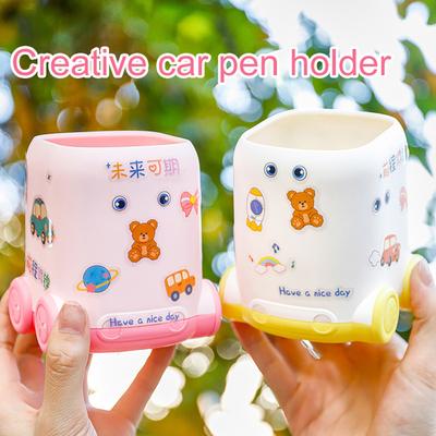 Desk Pen Holder Cartoon Vehicle Shape Pencil Holder Multi-functional Desktop Makeup Brush Organizer for Home School Office