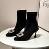 Boots high-heeled elastic socks thin-heeled rhinestone suede black thin boots increase height, pointed head shows long legs