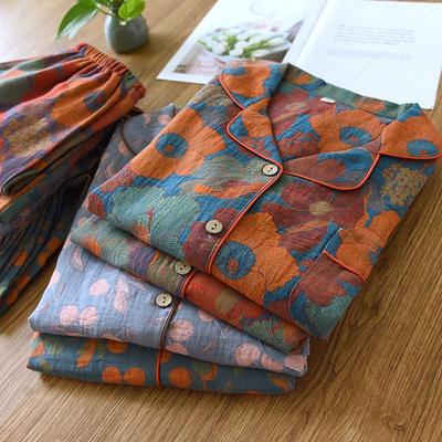 Damen Jacquard-Pyjama-Set, garngefärbt: Reine Baumwollgaze, Langärmliger Cardigan für Frühling, Sommer, Herbst.
