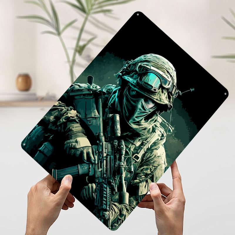 Camouflaged Soldier With Rifle Metal Poster Customized Wall Art Retro Vintage Tinplate Signs for Apartment Decoration Room Decor