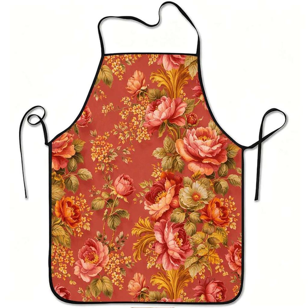 1pc Vintage Apron with Rose Floral Design, Durable And Easy-Clean, Adjustable Waist Tie, Suitable for Kitchen Cooking, Gardening, Fruit Picking, Chris