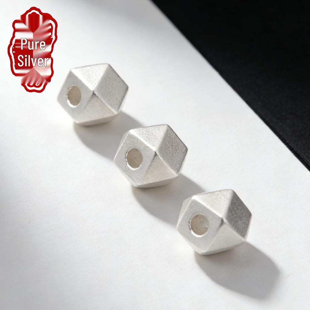 Sterling Silver 999 Hexagonal Spacer Beads – Pure Silver Frosted Geometric Beads for DIY Bracelet Weaving
