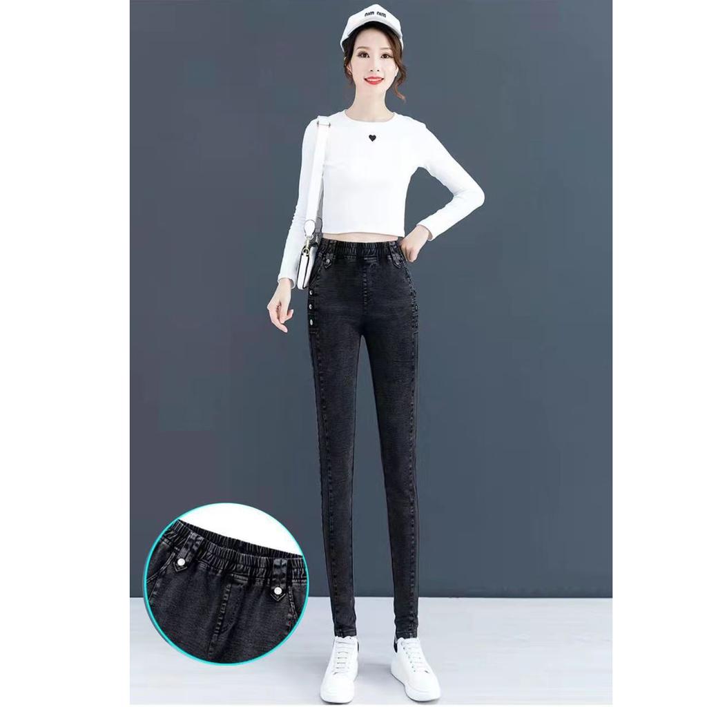 Lente en Herfst Stretch Jeans Dames Zijknop Elastische Hoge Taille Skinny Jeans Dames Casual Slim Denim Potloodbroek