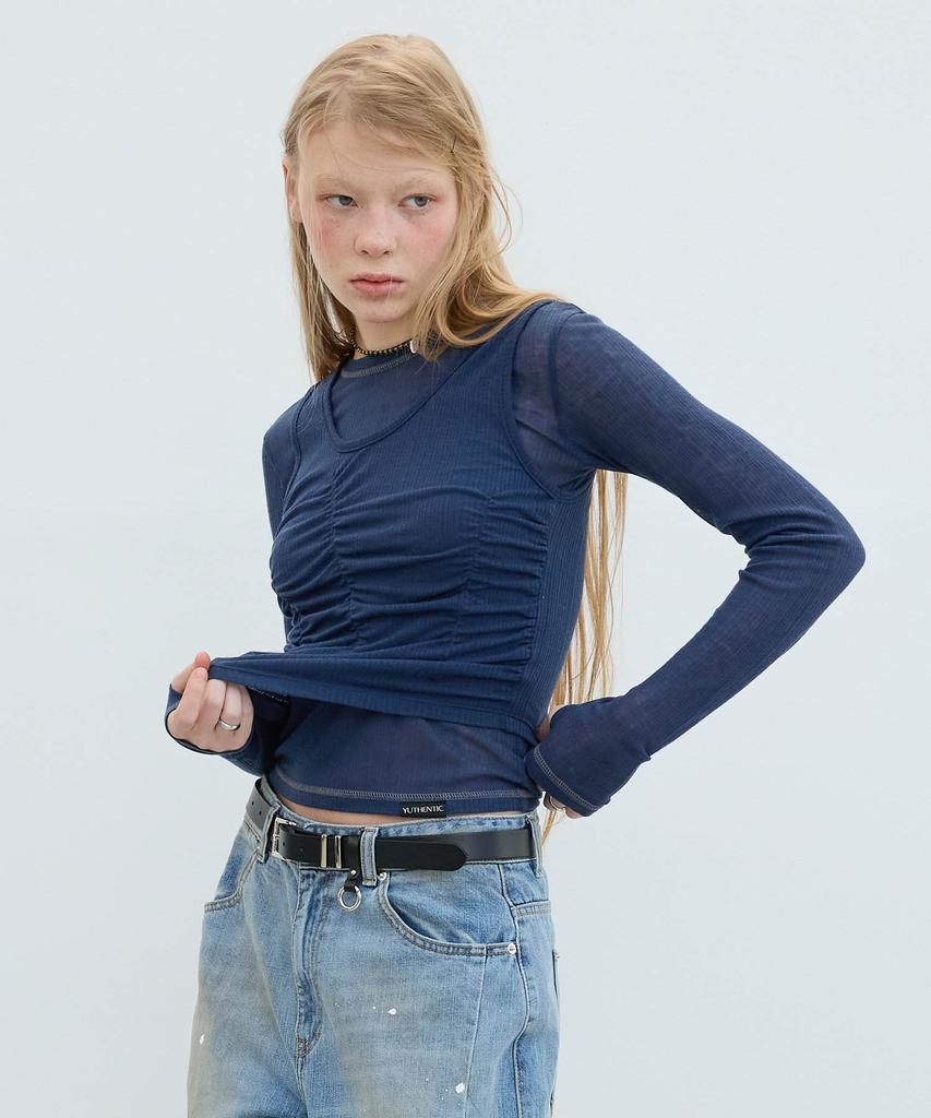 Yusentig Layered Slim Shirred T-Shirt Blue Aw5Se23022