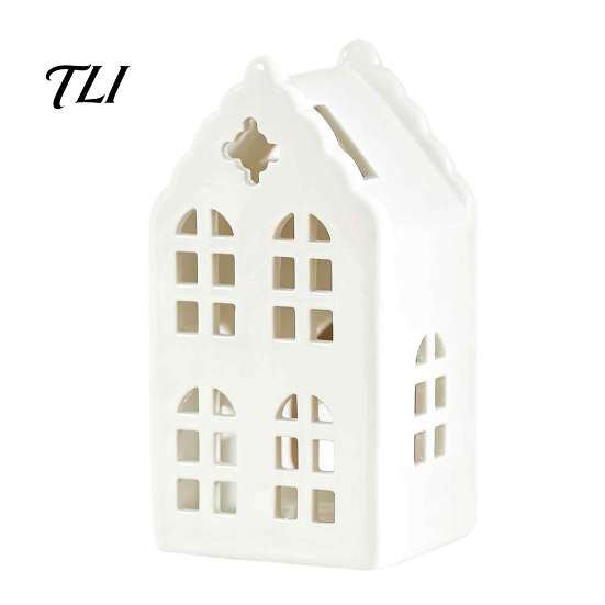 Desktop Artistic Ornament Ceramic House Shape Candle Holder, White Hollow Tea Light Holder Indoor Tabletop Holiday Decor Ornament, Miniature Figurine