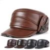 Men's Genuine Leather Duckbill Hat Winter Thickened Warm Outdoor Earflap Cotton Cap Elderly Real Leather Hat Cowhide Warm