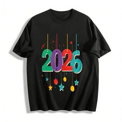 2026 New Year Themed Colorful Number Print Casual Unisex Top Pure Cotton T-shirt