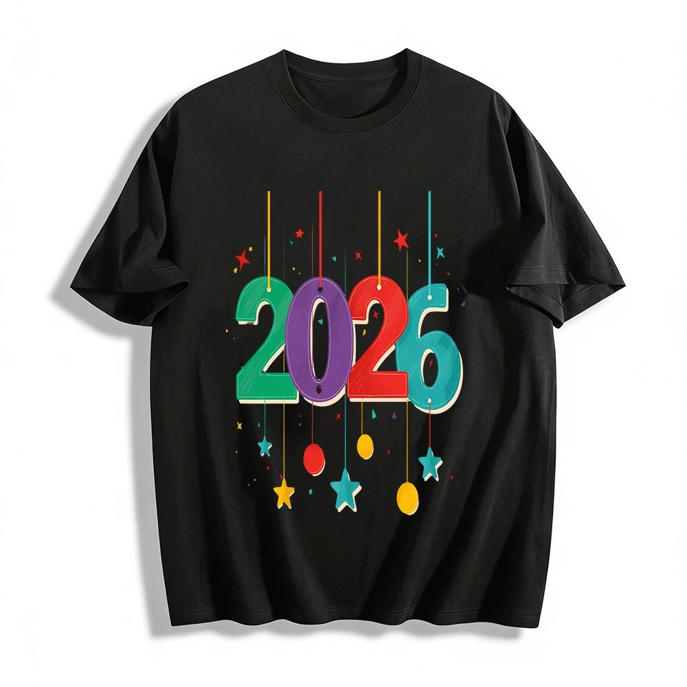 2026 New Year Themed Colorful Number Print Casual Unisex Top Pure cotton T-shirt XXS