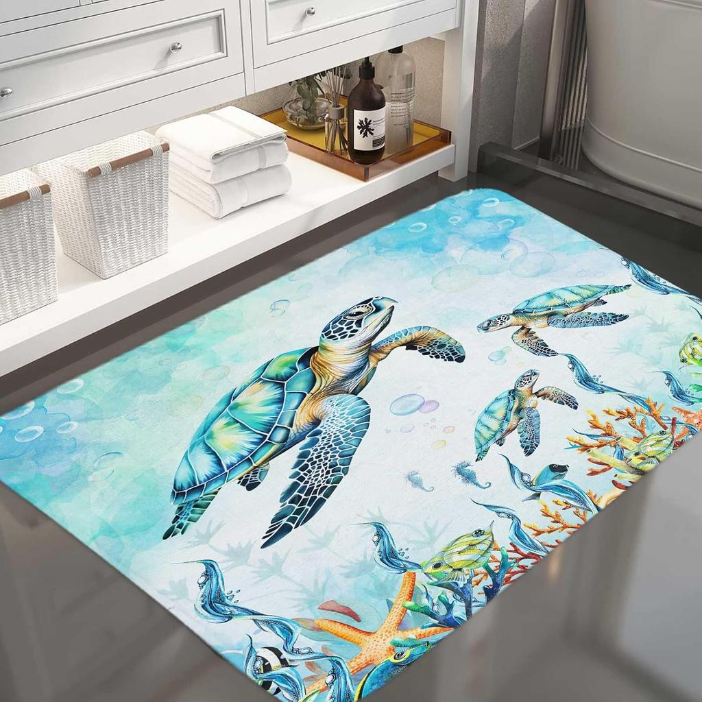 Watercolor Sea Turtle Blue Bathroom Rugs, Nautical Marine Animals Underwater Sea World Bath Rugs, Cute Bath Mats for Bathroom Shower Floor Decor, 17