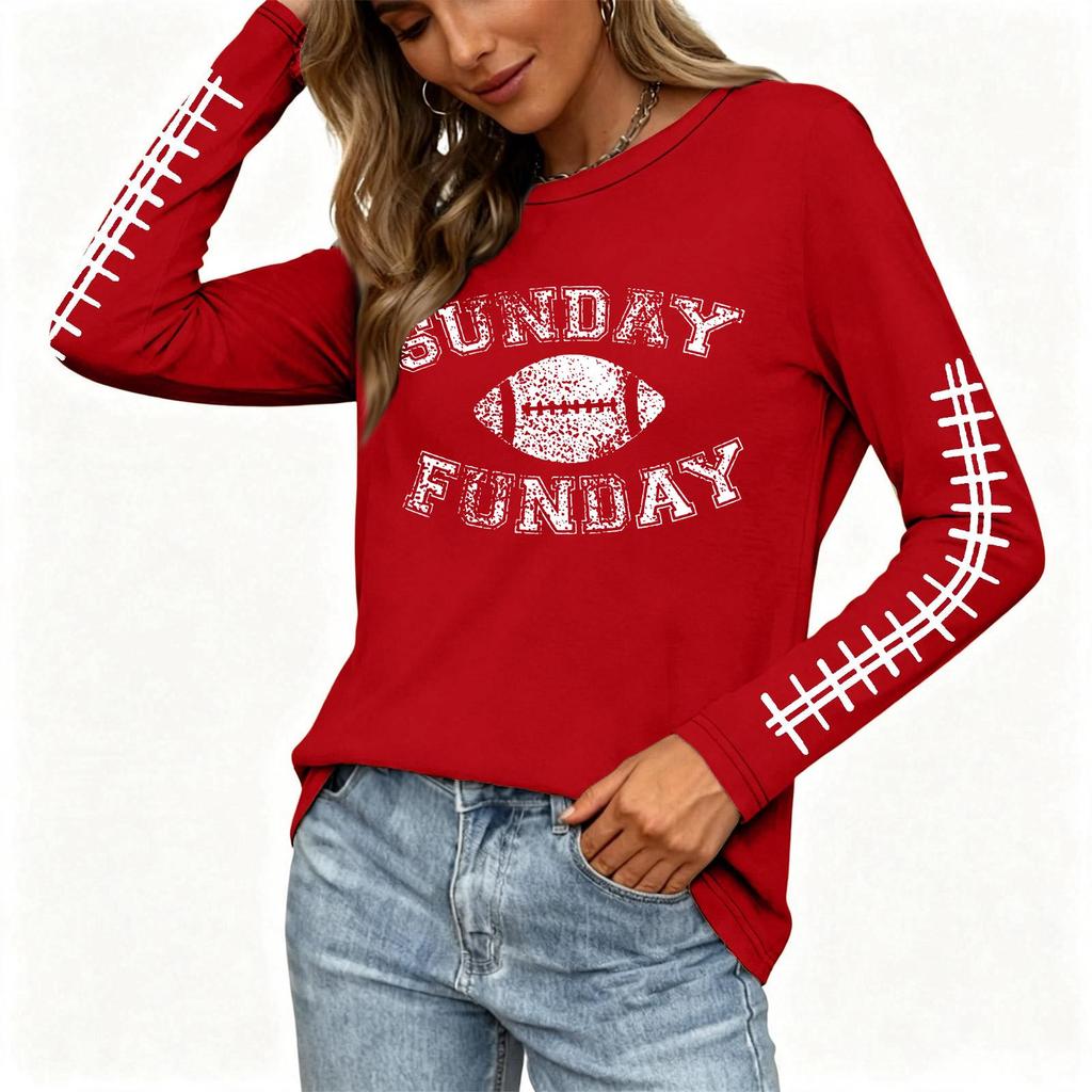 Women's Fashion Long Sleeve Neck Top with Rugby Graphic Print and Side Split Hem