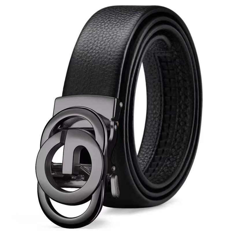 Men's Trendy Leather Belt with High-End Alloy Automatic Buckle - Pure Cowhide Waistband for Casual Pants