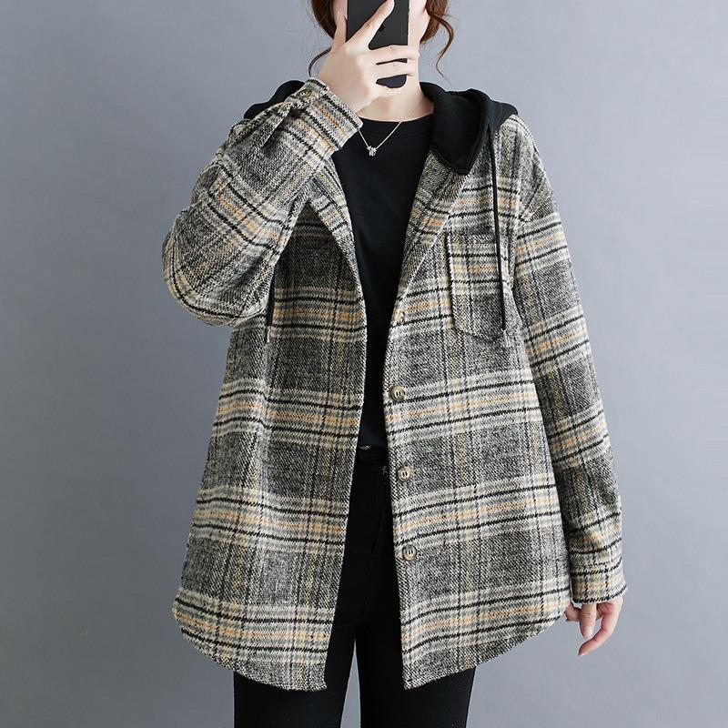 Women S Plus Size Hooded Plaid Wool Blend Shirt Coat For Autumn Winter