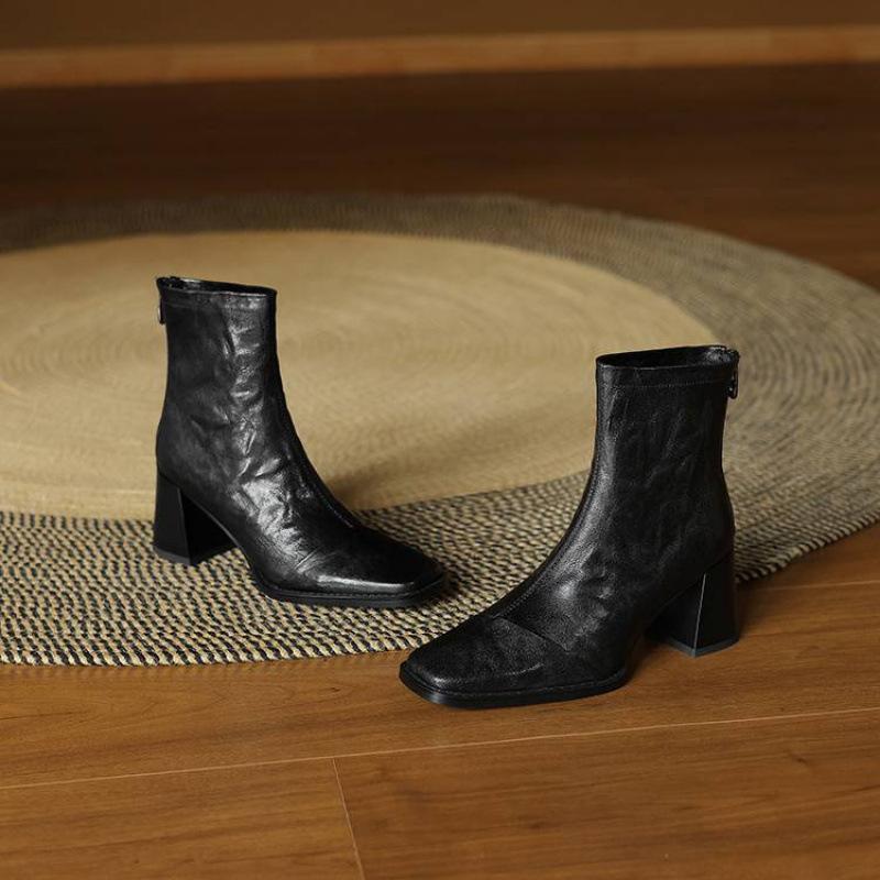 Autumn and winter women's leather boots high heel large size women's boots zipper leather low tube student square head versatile cowhide short boots