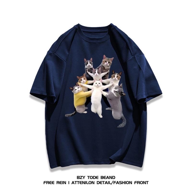 Korean Style Cat Print Cotton T-shirt - Trendy Loose Fit, Unisex Summer Casual