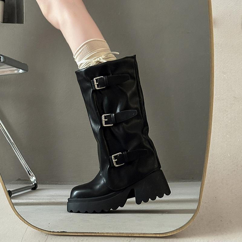 Belt buckle stacking boots women's trouser boots autumn and winter new fashionable versatile thick-soled leather boots heightened and thin knight