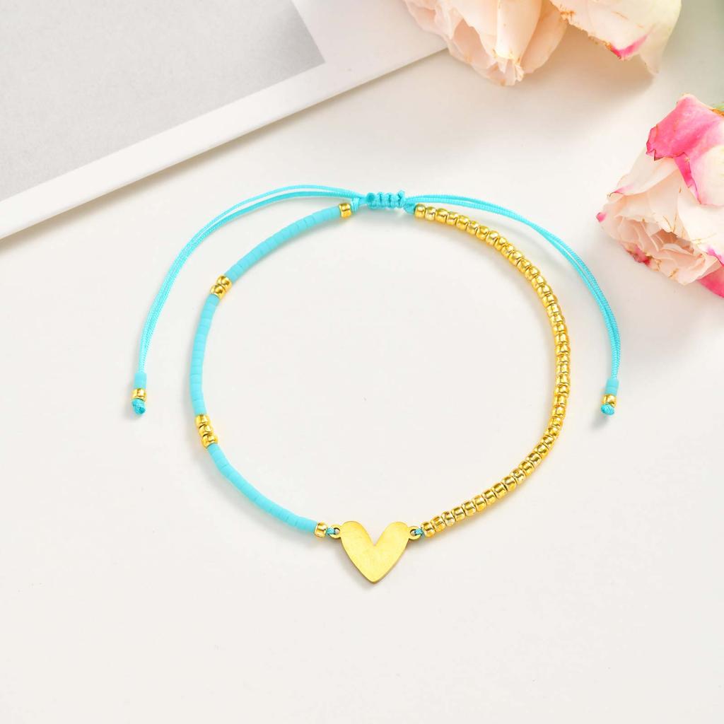 Bohemian Handmade Heart Bracelet, Adjustable Beads Rope Bracelet Stackable for Women Waterproof Jewrlry