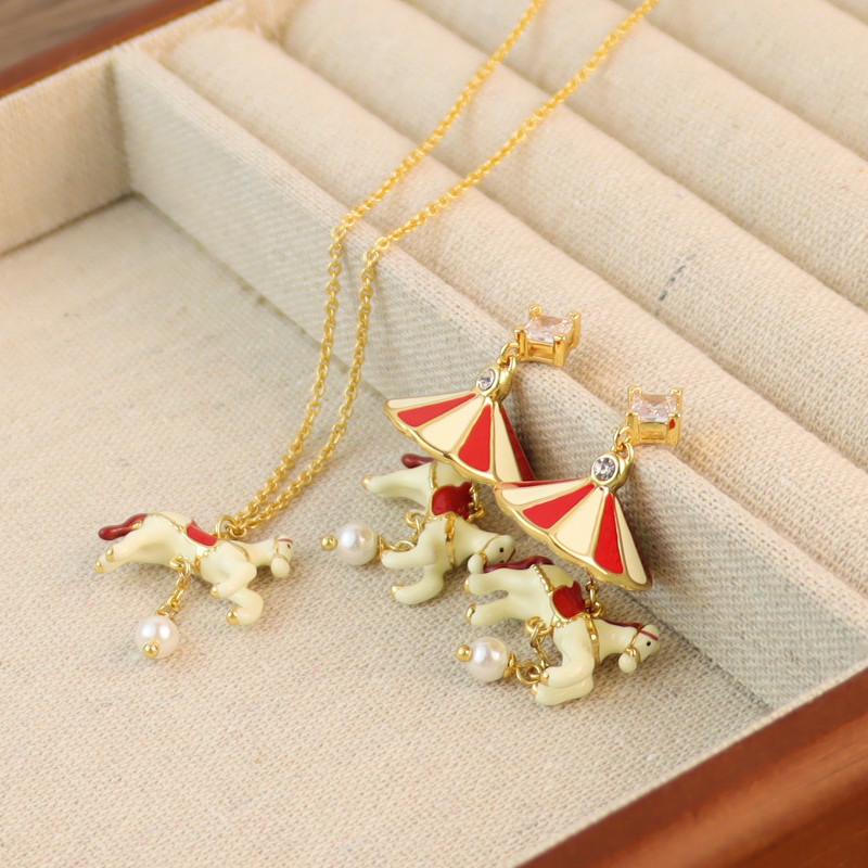 Creative Enamel Carousel Pearl Pendant Earrings & Necklace - European & American Style Christmas Series
