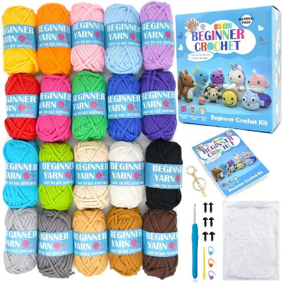 JOYTAG Crochet Kit for Beginners Adults Kids,Beginner Crochet Kit with 20 Colors Beginner Yarn Crochet Accessories Step-by-Step Video Tutorials