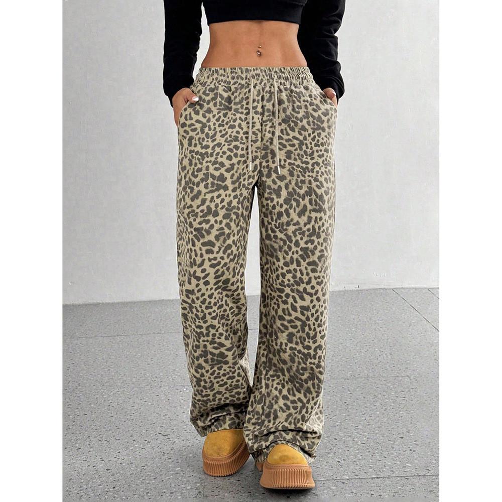 Leopard Print Casual Pants For Women With Polyester Fabric And Loose Fit For Autumn
