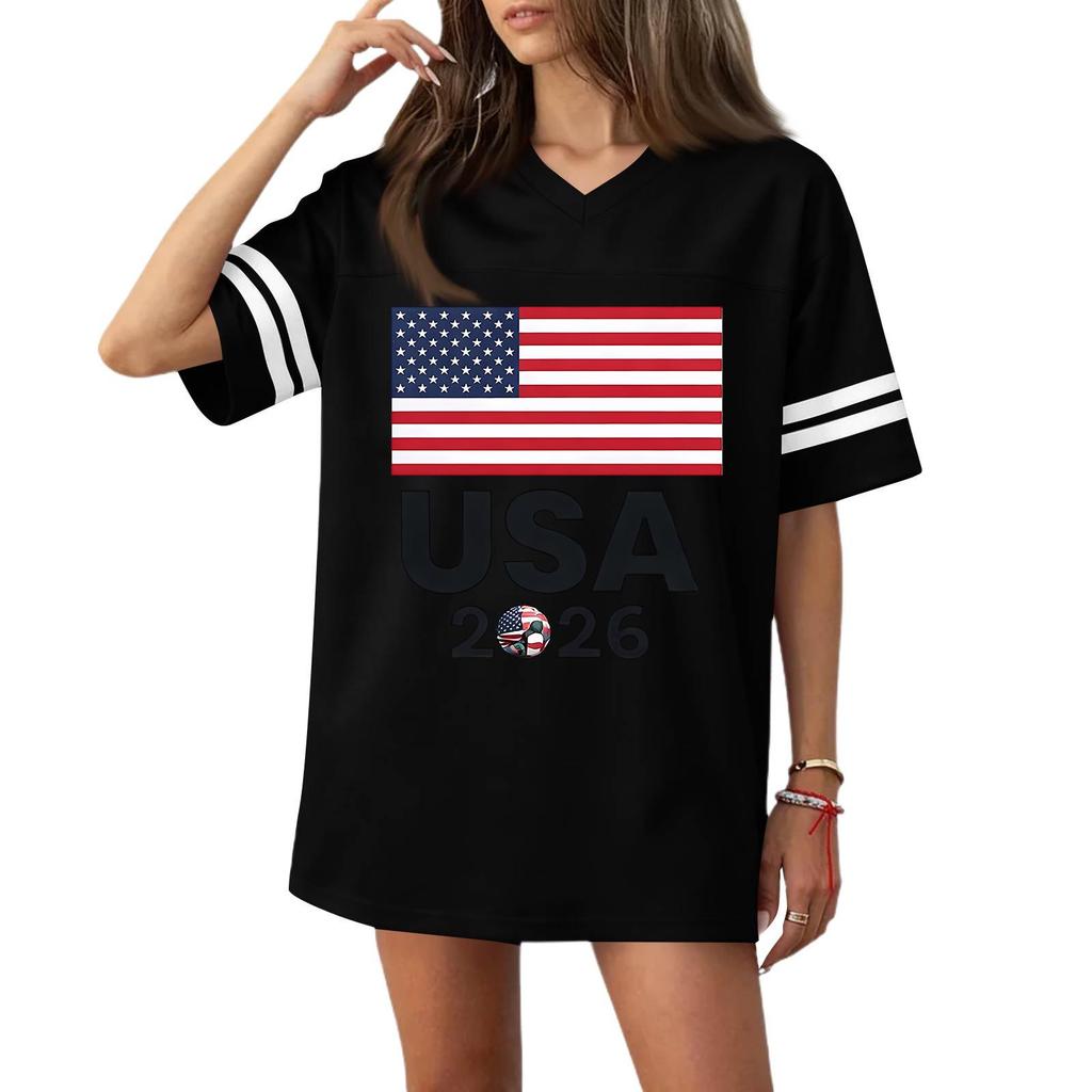 Women's Casual V Neck Sports Jersey Shirt Short Sleeve Printed Soccer Tee Top Comfortable Loose Fit Athletic Wear for Outdoor Activities